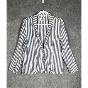 British Khaki Linen Nautical Striped Button Up Blazer Womens Sz‎ XL Blue Pockets